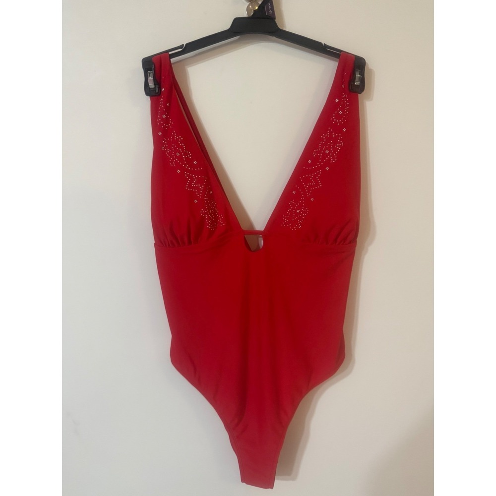 No Boundaries Red Rhinestone Deep V-Neck Cheeky High Leg One Piece Swimsuit XXL